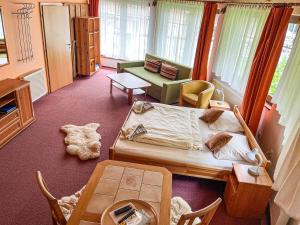 a bedroom with a bed and a chair and a table at Apartmany Jasna in Belá