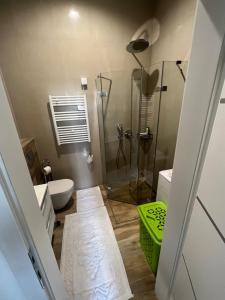 een badkamer met een douche, een toilet en een wastafel bij Apartments Elfie in Sarajevo