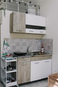una cocina con armarios blancos y fregadero en Tiny House Kosmaj, en Sopot