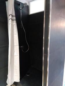 een douche in een badkamer met een wit douchegordijn bij Villa des Lucioles 2 in Annot