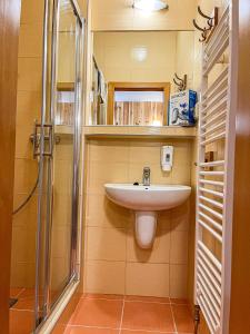 a bathroom with a sink and a shower at Apartmany Jasna in Belá
