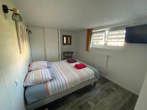 ein kleines Schlafzimmer mit einem Bett und einem Fenster in der Unterkunft Le palmier in Saint-Georges-de-Pointindoux