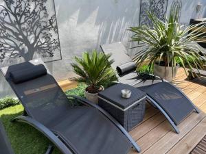 un patio con 2 sillas, una mesa y plantas en Relaxation AquatiqueGarantie100% en Saint-Estève