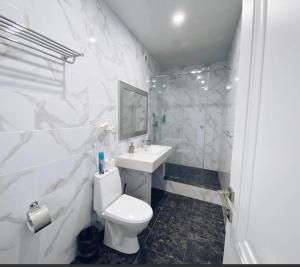 bagno bianco con servizi igienici e lavandino di Kovcheg Hotel a Zatoka