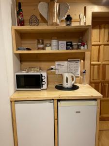 a kitchen counter with a microwave and a toaster oven at Pokoje regionalne u Ani in Zakopane