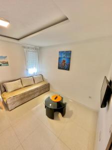 Montenegrina Apartment في بودفا: غرفة معيشة مع أريكة وطاولة