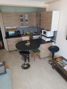 uma cozinha com mesa e cadeiras num quarto em Appartement résidence Sarciron em Le Mont-Dore