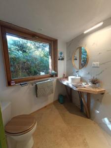 a bathroom with a toilet and a sink and a window at CVN écologîtes in Saint-André-de-Majencoules