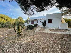 una casa blanca con un cactus delante en Villa Menorquina en playa, en Cala Morell