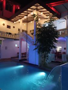 a swimming pool in a building with a staircase at Viking Villa in Kalagedihena