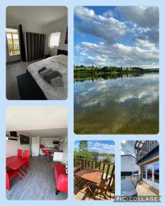 een collage van vier foto's van een meer bij Le chalet de la liez in Peigney