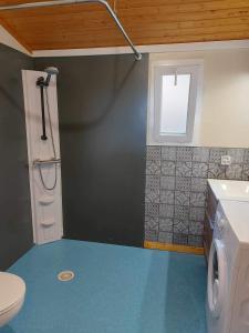 a bathroom with a shower and a toilet and a sink at Cape Agde Charmant chalet sur le Mont Saint Loup in Agde