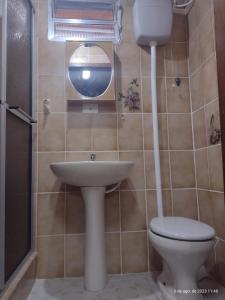 a bathroom with a sink and a toilet and a mirror at Apartamento estilo chalé - Enxaimel in Bombinhas