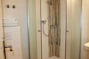 a shower with a glass door in a bathroom at Hotel Carolaruh in Bad Elster