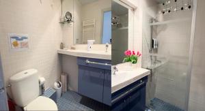 uma casa de banho com um WC, um lavatório e um espelho. em La Casa De Papou I em Sant Feliu de Guixols