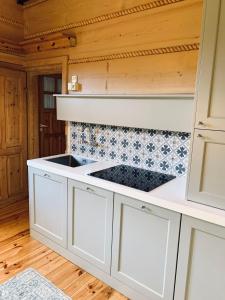 a kitchen with white cabinets and a sink at Odskocznia House in Szczyrk +20 photos