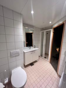 Baño blanco con aseo y lavamanos en Experience Tranquility - Your Ideal Apartment Retreat in Uvdal, at the Base of Hardangervidda, en Uvdal