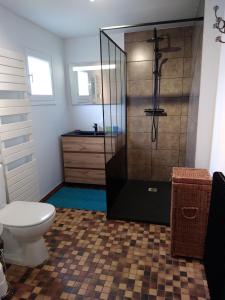 uma casa de banho com um chuveiro, um WC e um lavatório. em Gîte charmant à 35 minutes plages du débarquement 