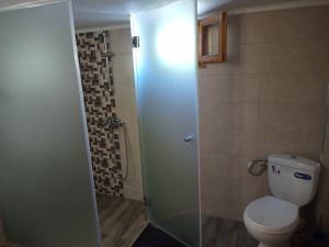 a bathroom with a toilet and a glass shower door at St Paul and Peter's House in Asprovalta +99 photos