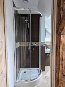 baño con ducha y puerta de cristal en Dębina30 - Naturalnie odpoczniesz, en Gorzów Śląski