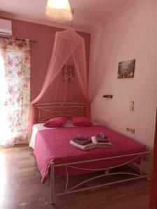 a bedroom with a pink bed with a pink canopy at Sofia Margarita's Rooms in Agios Gordios