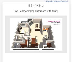 a floor plan of one bedroom one bathroom with study at Heart of NRG and Medical Center in Houston