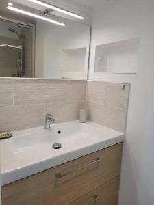 La salle de bains est pourvue d'un lavabo blanc et d'un miroir. dans l'établissement Bel appartement rez-de-jardin, à Saint-Genest-Malifaux