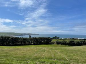 a field of grass with the ocean in the background at The Downs, Thurlestone, South Devon, close to several beaches in Kingsbridge