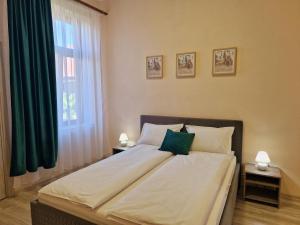 a bedroom with a large bed with a green pillow at ORI Family Apart. Malul Muresului in Arad