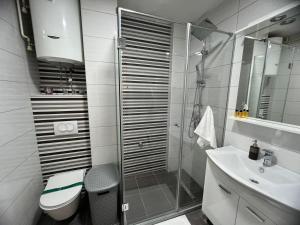La salle de bains est pourvue d'une douche, de toilettes et d'un lavabo. dans l'établissement Apartman PANDA deluxe Sarajevo, à Sarajevo