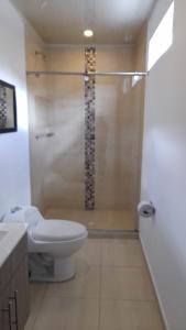 een badkamer met een douche, een toilet en een wastafel bij Hotel Royal Cid Bogota in Bogota