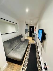 a living room with a couch and a flat screen tv at Exclusive Private One Bedroom Suite in London