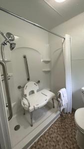 a bathroom with a shower with a sink and a toilet at Colonial Inn Franklin in Franklin