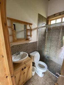 y baño con aseo, lavabo y ducha. en The Hideout- A Cabin in Nature; 25 min from Cuenca, en Cuenca