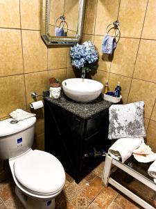 a bathroom with a white toilet and a sink at Casa Dossman in Puntarenas