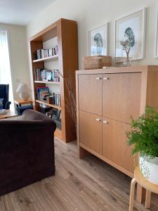 uma sala de estar com uma cómoda e uma estante de livros em Casa Acougo, Sarria em Sarria