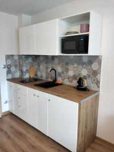 kuchnia z białymi szafkami, zlewem i kuchenką mikrofalową w obiekcie Dębowy Apartamenty/Pokoje w mieście Dębno +37 zdjęć