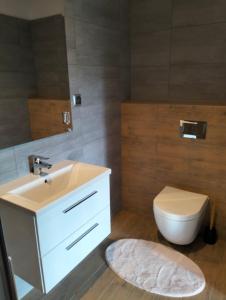 łazienka z białą umywalką i toaletą w obiekcie Dębowy Apartamenty/Pokoje w mieście Dębno