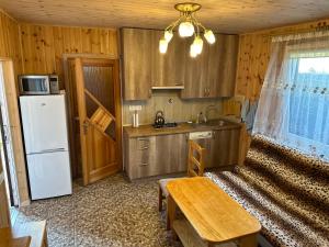 a kitchen with a refrigerator and a table and a window at Apartamentai su pirtimi in Klaipėda