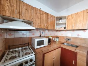 a kitchen with a stove top oven next to a microwave at Cactus del Valle in Tinogasta