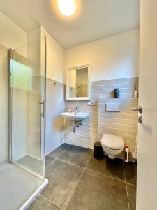 a bathroom with a toilet and a sink and a shower at Großes City-Ferienhaus mit Terrasse, Grill und Parkplatz F19 in Oldenburg