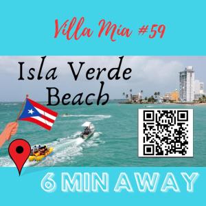 a picture of a boat in the water with the words isla verde beach at Villa 5 Min From San Juan Airport and Isla Verde Beach Best Location & Pool & Jacuzzi & YOUTUBE VIDEO Available in San Juan