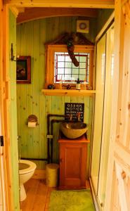 a small bathroom with a sink and a toilet at Cushieston’s Shepherd’s Hut in Meikle Wartle