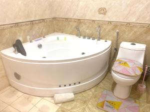 a bathroom with a bath tub and a toilet at Hôtel Sky blue Mada in Alasora
