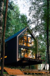 a black house in the middle of a forest at Między Drzewami in Olsztyn