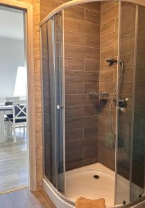 um chuveiro com uma porta de vidro na casa de banho em Apartamenty Golf Dyndeby em Neksø