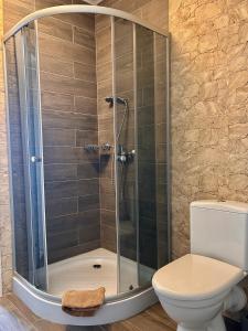 La salle de bains est pourvue d'une douche et de toilettes. dans l'établissement Apartamenty Golf Dyndeby, à Neksø