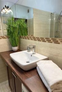 a bathroom with a white sink and a mirror at Apartament przy Rynku in Poznań