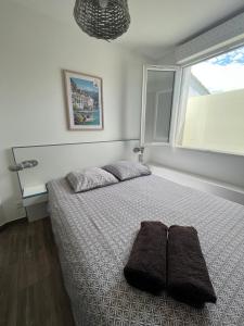 een slaapkamer met een bed met 2 kussens erop bij Appartement 4 personnes, aéroport Marseille in Marignane