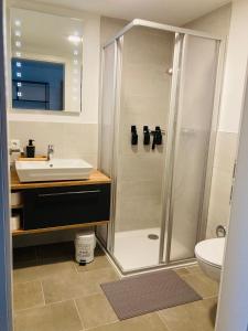 a bathroom with a shower and a sink at Rittertal in Altmünster